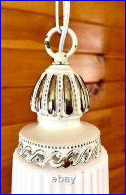 Vintage MCM Hollywood Regency White Ribbed Milk Glass Hanging Swag Lamp Light