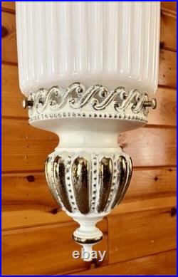 Vintage MCM Hollywood Regency White Ribbed Milk Glass Hanging Swag Lamp Light