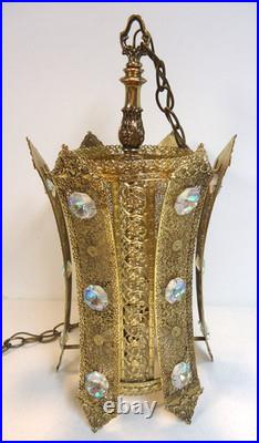 Vintage MCM Jeweled Gold Filigree Hollywood Regency Hanging / Swag Lamp