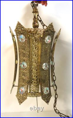 Vintage MCM Jeweled Gold Filigree Hollywood Regency Hanging / Swag Lamp