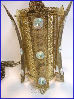 Vintage MCM Jeweled Gold Filigree Hollywood Regency Hanging / Swag Lamp