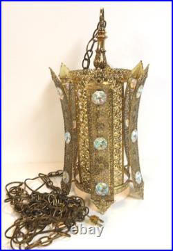 Vintage MCM Jeweled Gold Filigree Hollywood Regency Hanging / Swag Lamp