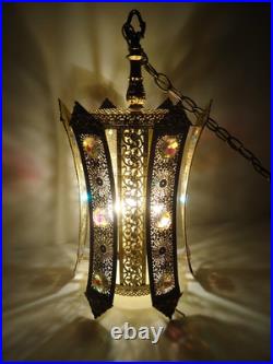 Vintage MCM Jeweled Gold Filigree Hollywood Regency Hanging / Swag Lamp