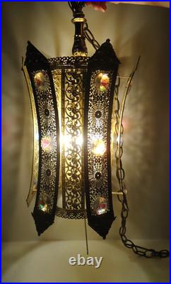 Vintage MCM Jeweled Gold Filigree Hollywood Regency Hanging / Swag Lamp
