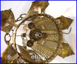 Vintage MCM Jeweled Gold Filigree Hollywood Regency Hanging / Swag Lamp