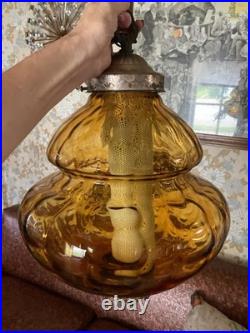 Vintage MCM Large Amber Globe Hanging 17 Lamp Light Chain Swag NICE