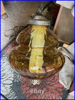 Vintage MCM Large Amber Globe Hanging 17 Lamp Light Chain Swag NICE