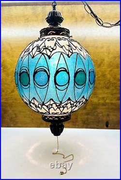Vintage MCM Large Gray & Blue Tinted Hanging Globe Swag Lamp 12 Diameter