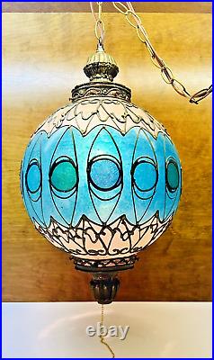 Vintage MCM Large Gray & Blue Tinted Hanging Globe Swag Lamp 12 Diameter