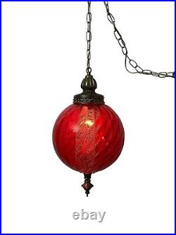 Vintage MCM Large! Red Globe Hanging Chain Swag Lamp Antique Gold Finish