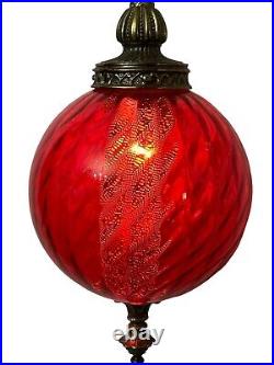Vintage MCM Large! Red Globe Hanging Chain Swag Lamp Antique Gold Finish