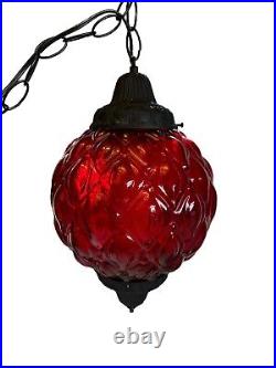 Vintage MCM Large! Red Globe Hanging Chain Swag Lamp Black Chain, USA Made