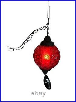 Vintage MCM Large! Red Globe Hanging Chain Swag Lamp Black Chain, USA Made