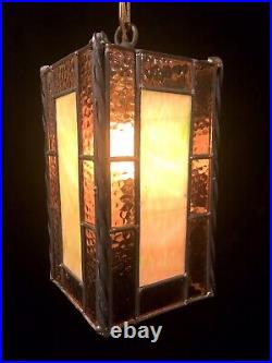 Vintage MCM Leaded Stained Slag Glass Swag Style Pendant Hanging Light Fixture