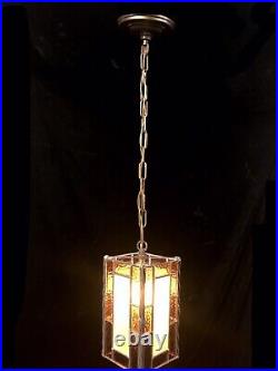 Vintage MCM Leaded Stained Slag Glass Swag Style Pendant Hanging Light Fixture