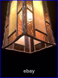 Vintage MCM Leaded Stained Slag Glass Swag Style Pendant Hanging Light Fixture