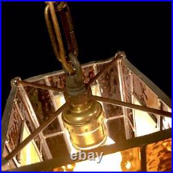 Vintage MCM Leaded Stained Slag Glass Swag Style Pendant Hanging Light Fixture
