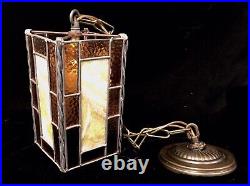 Vintage MCM Leaded Stained Slag Glass Swag Style Pendant Hanging Light Fixture