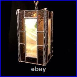 Vintage MCM Leaded Stained Slag Glass Swag Style Pendant Hanging Light Fixture