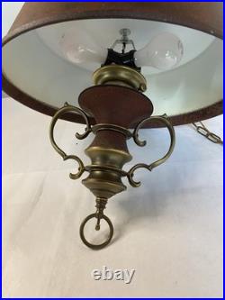 Vintage MCM Moe Hanging Lamp Plug-In Metal Burgundy/Brass Long Chain 13ft
