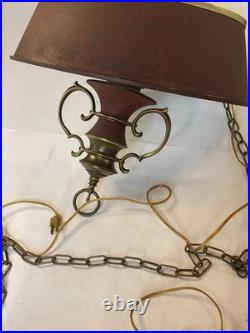 Vintage MCM Moe Hanging Lamp Plug-In Metal Burgundy/Brass Long Chain 13ft