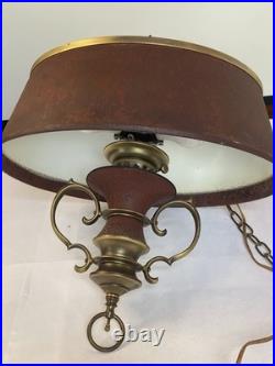 Vintage MCM Moe Hanging Lamp Plug-In Metal Burgundy/Brass Long Chain 13ft