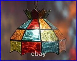 Vintage MCM Multi Colored Stained Glass Hanging Lamp