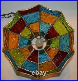 Vintage MCM Multi Colored Stained Glass Hanging Lamp