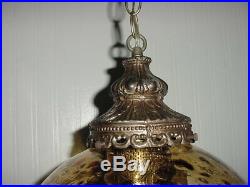 Vintage MCM Optic Glass Hanging Amber Light Swag Lamp 11 Globe