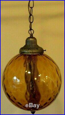 Vintage MCM Optic Glass Hanging Amber Light Swag Lamp 11 Globe with Gold Diffuser