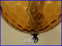 Vintage MCM Optic Glass Hanging Amber Light Swag Lamp 11 Globe with Gold Diffuser