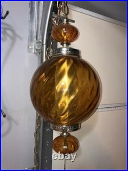 Vintage MCM Orange/Amber Ribbed Glass Globe Hanging Swag Lamp Works Read Look