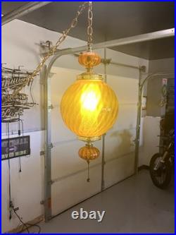 Vintage MCM Orange/Amber Ribbed Glass Globe Hanging Swag Lamp Works Read Look