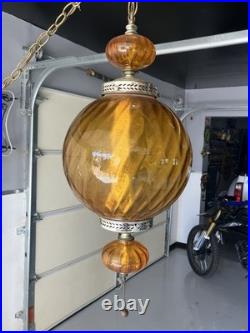 Vintage MCM Orange/Amber Ribbed Glass Globe Hanging Swag Lamp Works Read Look
