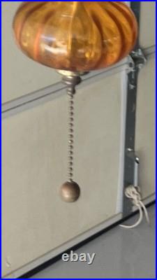 Vintage MCM Orange/Amber Ribbed Glass Globe Hanging Swag Lamp Works Read Look