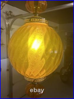 Vintage MCM Orange/Amber Ribbed Glass Globe Hanging Swag Lamp Works Read Look