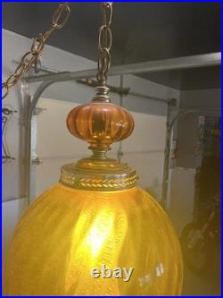 Vintage MCM Orange/Amber Ribbed Glass Globe Hanging Swag Lamp Works Read Look