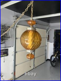 Vintage MCM Orange/Amber Ribbed Glass Globe Hanging Swag Lamp Works Read Look