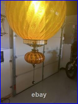 Vintage MCM Orange/Amber Ribbed Glass Globe Hanging Swag Lamp Works Read Look