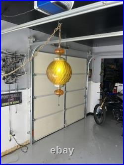 Vintage MCM Orange/Amber Ribbed Glass Globe Hanging Swag Lamp Works Read Look