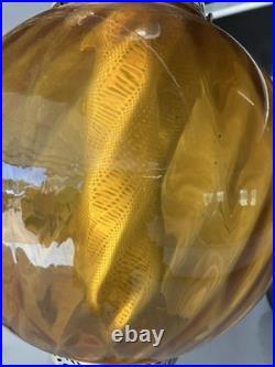 Vintage MCM Orange/Amber Ribbed Glass Globe Hanging Swag Lamp Works Read Look