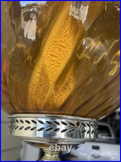 Vintage MCM Orange/Amber Ribbed Glass Globe Hanging Swag Lamp Works Read Look