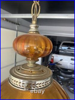 Vintage MCM Orange/Amber Ribbed Glass Globe Hanging Swag Lamp Works Read Look