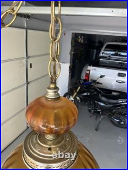 Vintage MCM Orange/Amber Ribbed Glass Globe Hanging Swag Lamp Works Read Look
