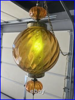Vintage MCM Orange/Amber Ribbed Glass Globe Hanging Swag Lamp Works Read Look