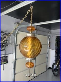Vintage MCM Orange/Amber Ribbed Glass Globe Hanging Swag Lamp Works Read Look
