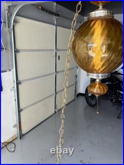 Vintage MCM Orange/Amber Ribbed Glass Globe Hanging Swag Lamp Works Read Look