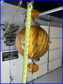 Vintage MCM Orange/Amber Ribbed Glass Globe Hanging Swag Lamp Works Read Look