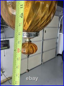 Vintage MCM Orange/Amber Ribbed Glass Globe Hanging Swag Lamp Works Read Look
