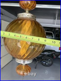 Vintage MCM Orange/Amber Ribbed Glass Globe Hanging Swag Lamp Works Read Look
